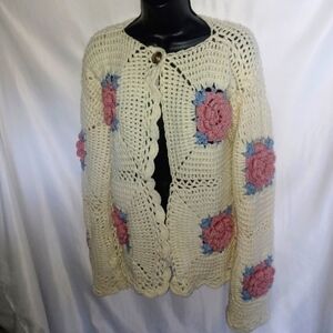 Handmade Crochet Granny Square Flower Cardigan sz Med/large, Cream, Pink, Blue